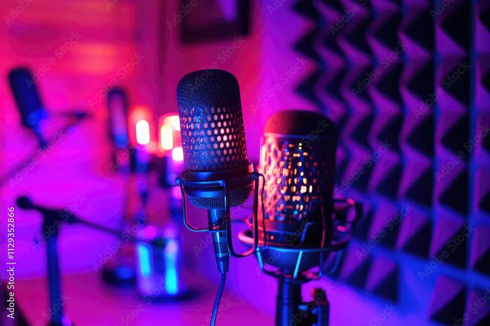 Poster a close-up shot of a microphone in a recording studio setting