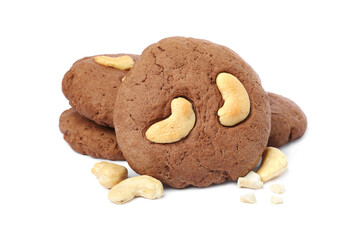 Tasty chocolate cookies with cashew isolated on white