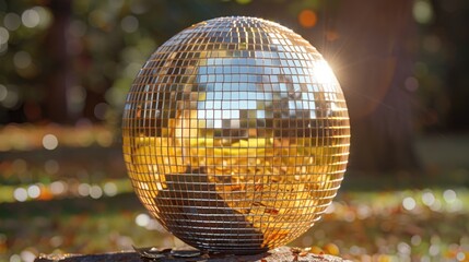 Obraz premium A reflective sphere sits atop a wooden stump, perfect for outdoor events or decorative purposes