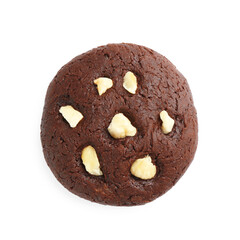 One tasty chocolate cookie with hazelnuts isolated on white, top view