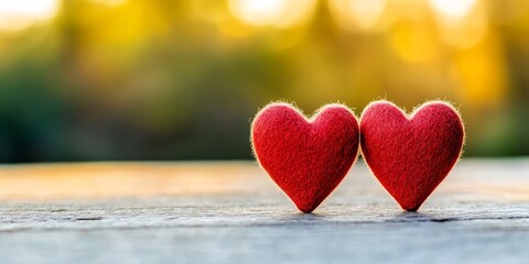 Fototapeta premium Two vibrant red hearts rest on a table, symbolizing love and affection, perfect for Valentine's Day celebrations and romantic gestures.