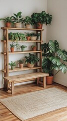 Stylish indoor plant arrangement with wooden bench and natural decor elements to enhance ambiance