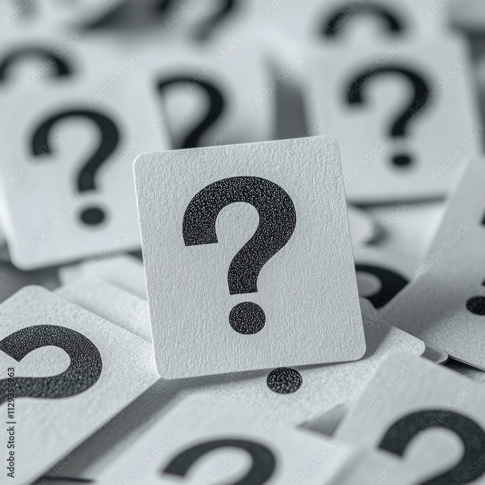 Poster close-up view of several cards with question mark symbols, ideal for use in educational or puzzling 