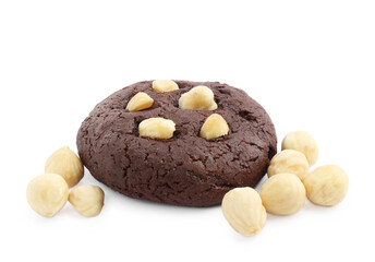One tasty chocolate cookie with hazelnuts isolated on white