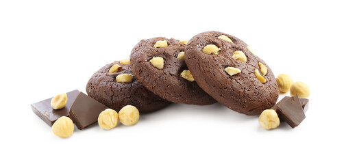 Tasty chocolate cookies with hazelnuts isolated on white