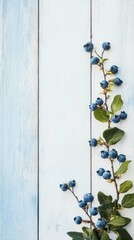 Blueberries on a rustic wooden surface with a light blue background