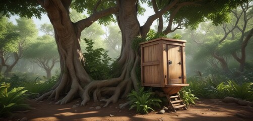 A small wooden toilet nestled in the crook of a sturdy tree branch with lush greenery , small, wooden, crook