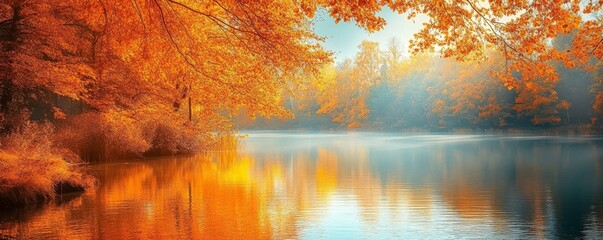 Serene Autumn Lake With Vibrant Orange Foliage, Generative AI