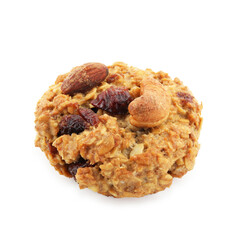 One delicious oatmeal cookie with dried cranberries and nuts isolated on white