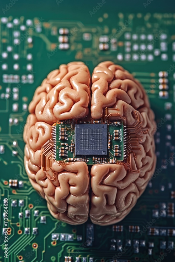 Poster a detailed view of a brain-like chip on a computer motherboard, ideal for tech-related illustrations