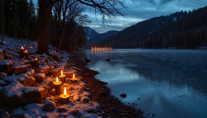 Enchanting twilight along the serene riverbank during the celebration of Theophany