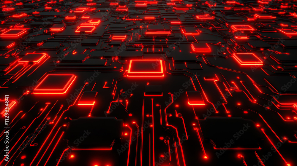 Poster visual representation of a futuristic circuit board glowing with red lights