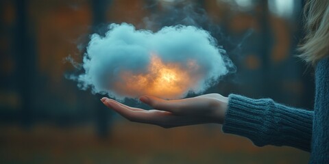 Mysterious Cloud Held Delicately in a Womans Hand, Generative AI