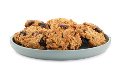 Delicious oatmeal cookies with dried cranberries and nuts isolated on white