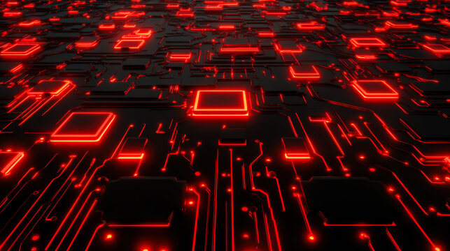 Visual representation of a futuristic circuit board glowing with red lights