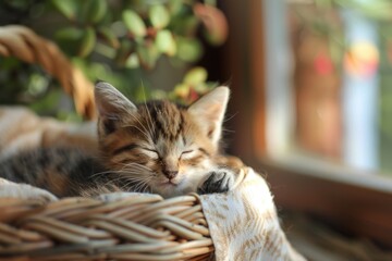 A small kitten sleeps peacefully in a wicker basket