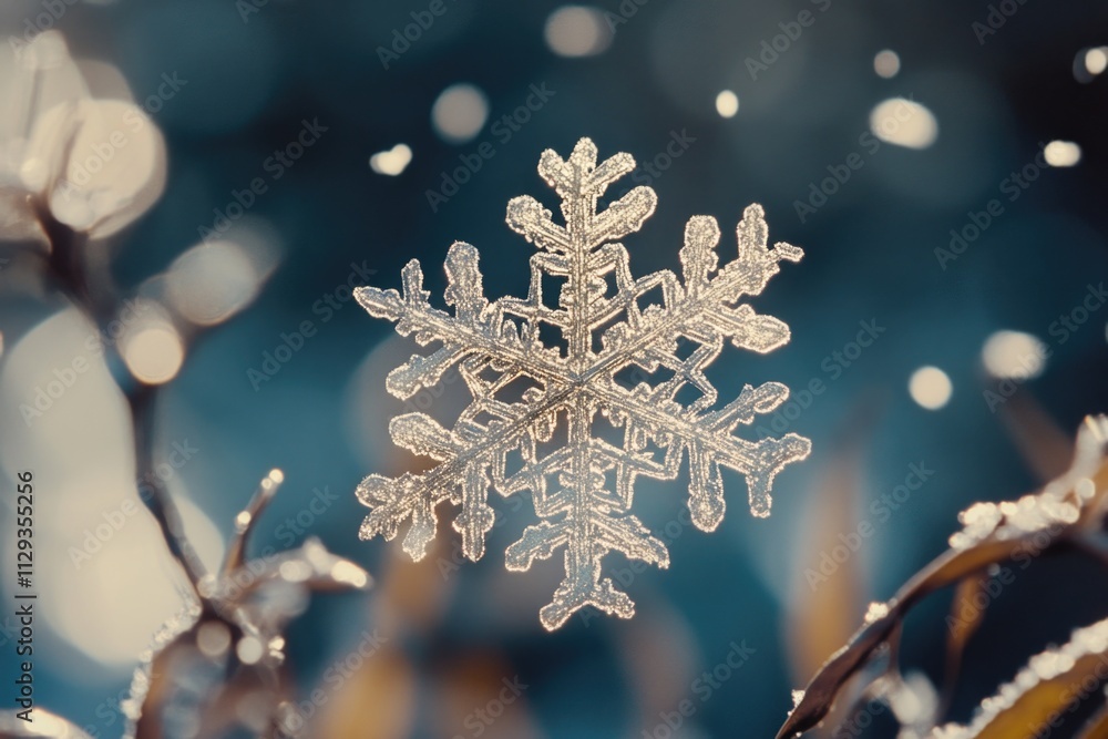 Poster A close-up view of a delicate snowflake resting on a tree branch
