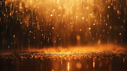 A golden rain of sparkling, shiny particles falling down from the sky, creating an enchanting atmosphere with light reflections on wet surfaces