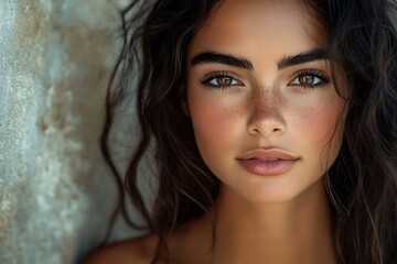 Obraz premium Serene Woman Green Eyes Natural Makeup Long Hair