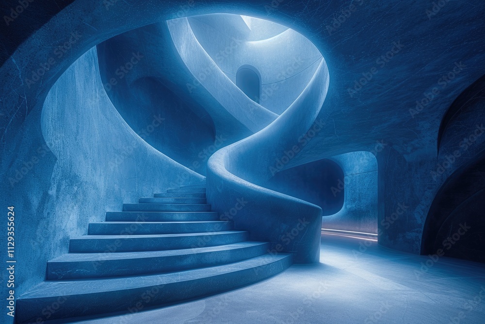 Poster A spiral staircase in a building with a light source shining down from above