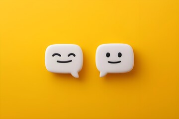 A minimalistic concept showcasing two speech bubbles, one happy and one sad, against a vibrant yellow background