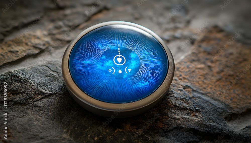 Poster close-up of a futuristic, blue, circular device with intricate design on a dark stone surface.