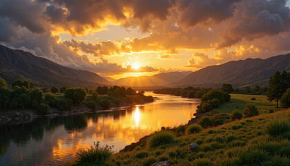 Majestic sunset over a tranquil river reflecting vibrant colors in a serene landscape near the mountains
