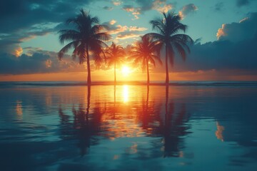 A serene landscape of palm trees reflected in calm water during a beautiful sunset