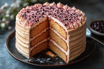 A picture of a cake with a slice removed, perfect for use in food or party related contexts