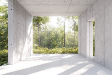 A room with a window looking out onto a forest landscape