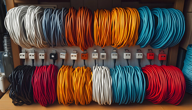 Colorful neatly organized cables and cords on a shelf.
