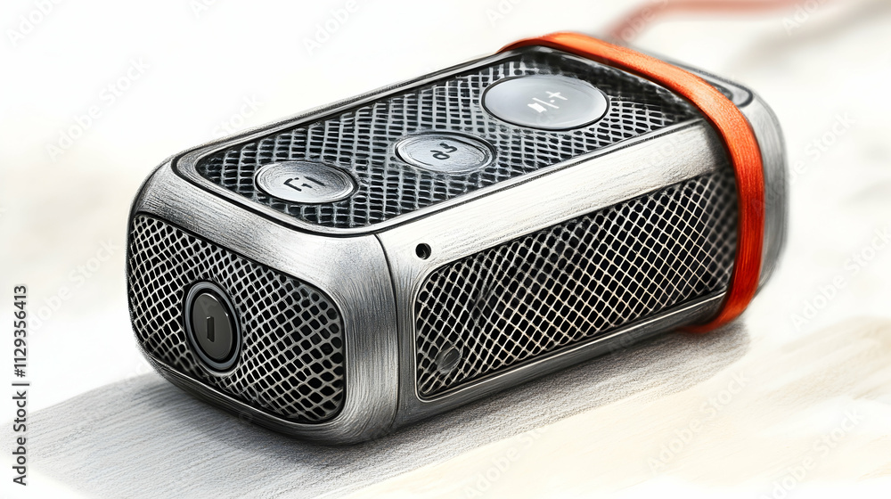 Poster compact metallic device with buttons and orange strap.