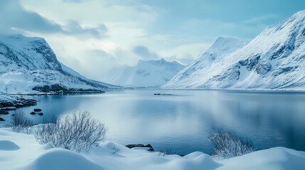 Enchanted arctic winter landscape with mountains and fjord in the background. Fjord. Illustration