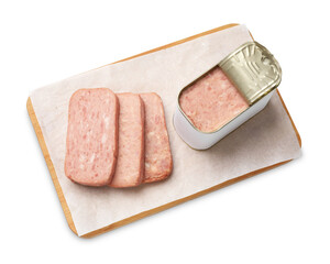 Canned meat in tin can isolated on white, top view