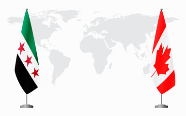 Obraz premium Syrian Revolution and Canada flags for official meeting against background of world map.