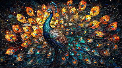 Stained Glass Peacock with Intricate Tail Patterns and Glowing Highlights