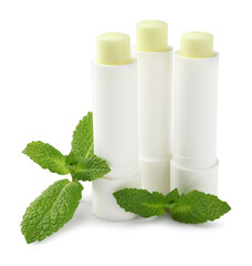 Mint lip balms and green leaves isolated on white. Cosmetic product