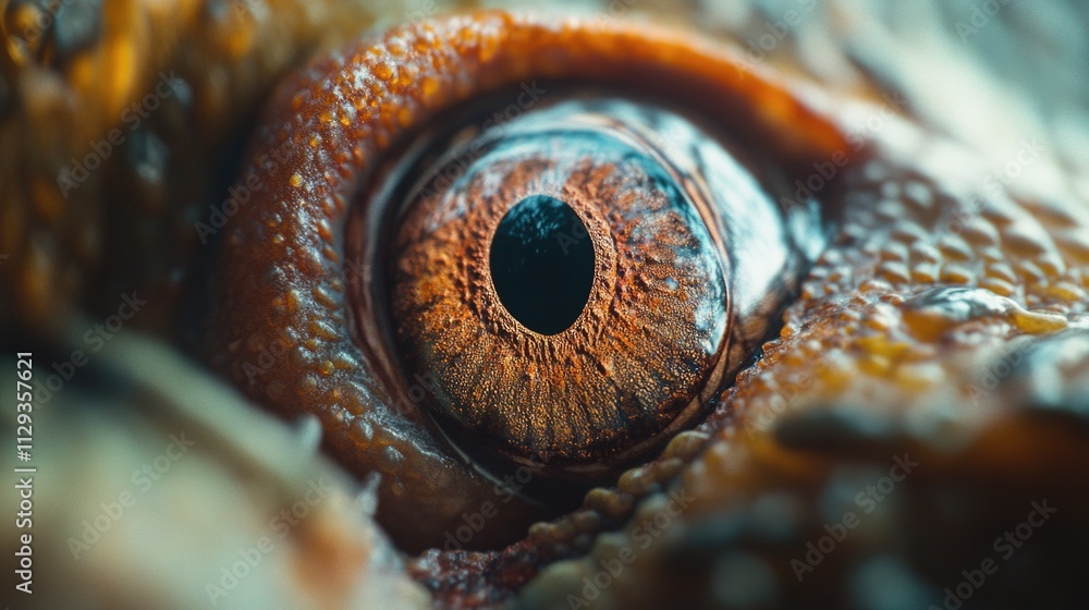 Poster a detailed view of a lizard's eye, highlighting its unique features and textures