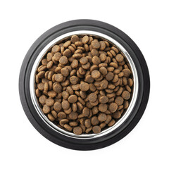 Dry pet food granules in feeding bowl isolated on white, top view