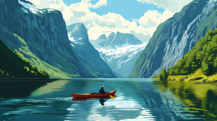 Kayaking through majestic mountain valley. Fjord. Illustration
