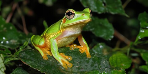 Lively Green Tree Frog Perched on a Leaf at Dawn, Generative AI