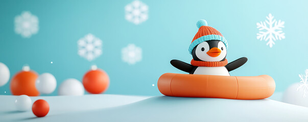 the illustration 3d animation of a penguin is having fun riding on the tube sleigh on snow with snowflakes 