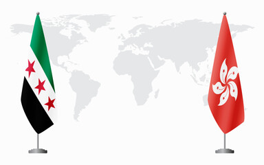 Obraz premium Syrian Revolution and Hong Kong flags for official meeting against background of world map.