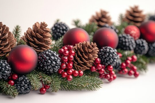 A festive Christmas garland adorned with natural pine cones and red berries, perfect for holiday decorations