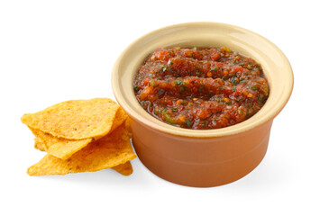 Tasty salsa sauce in bowl and tortilla chips isolated on white