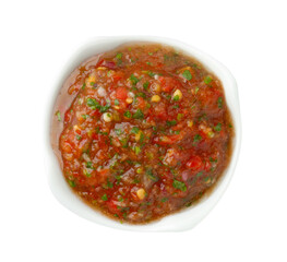 Tasty salsa sauce in bowl isolated on white, top view