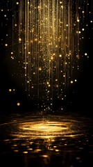 A golden rain of sparkling, shiny particles falling down from the sky, creating an enchanting atmosphere with light reflections on wet surfaces