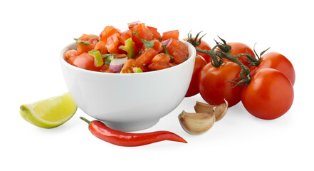 Tasty salsa sauce and ingredients isolated on white