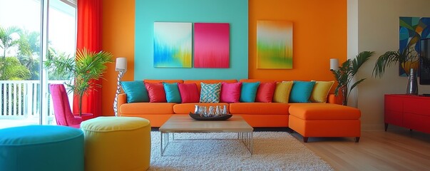Vibrant Living Room With Colorful Decor, Generative AI