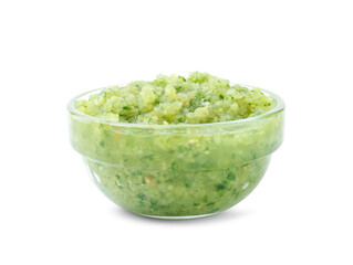 Delicious homemade green salsa isolated on white